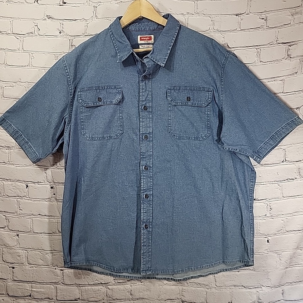 Wrangler Denim Work Shirt Mens 2XL Blue Comfort Flex Americana Rancher Cowboy